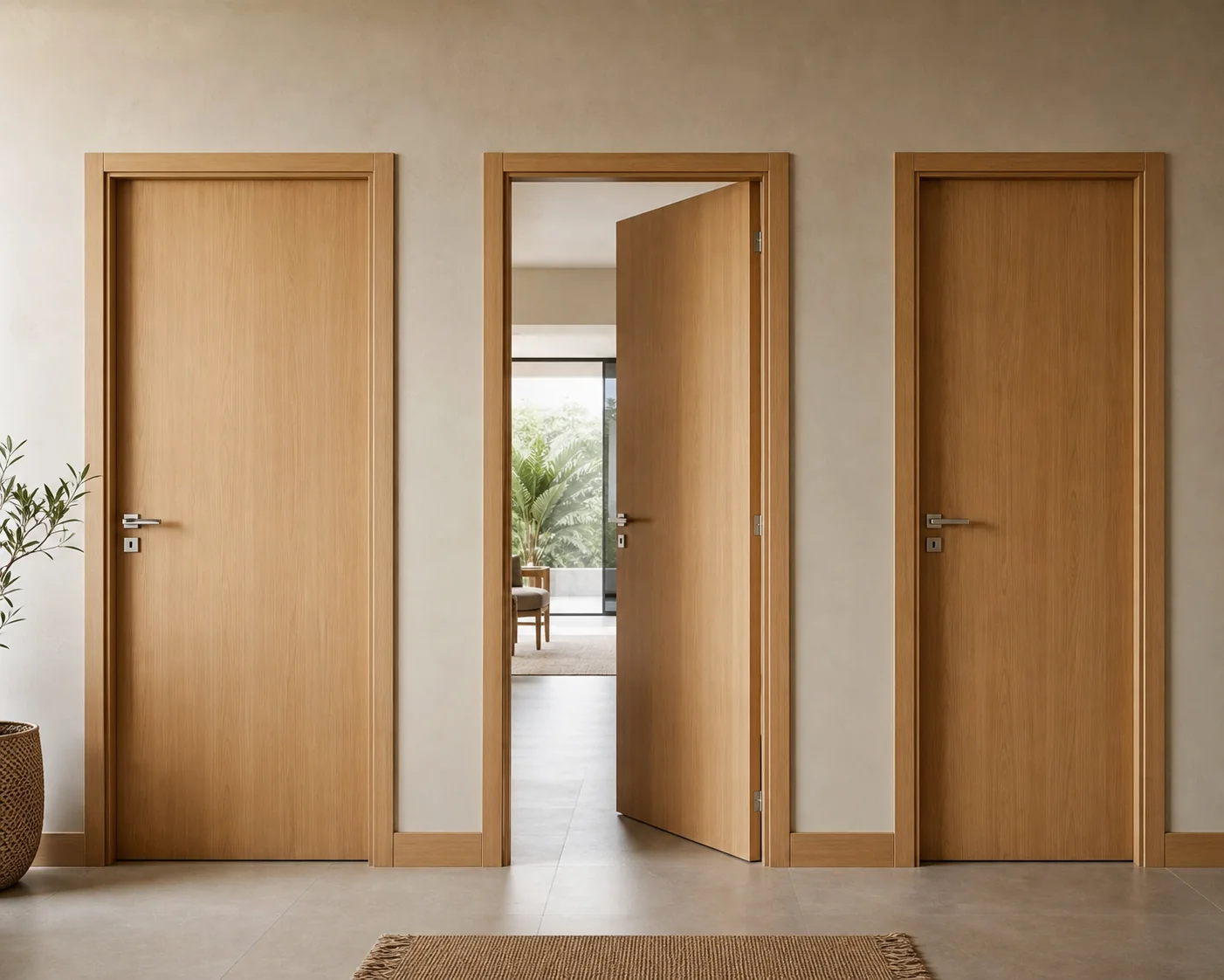 Conjunto de três portas internas lisas em madeira com batentes e guarnições